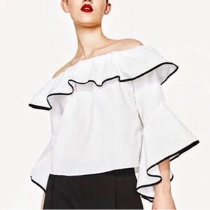 Zara White Off-Shoulder Ruffle Blouse Black Piping Trim Bell Sleeves medium